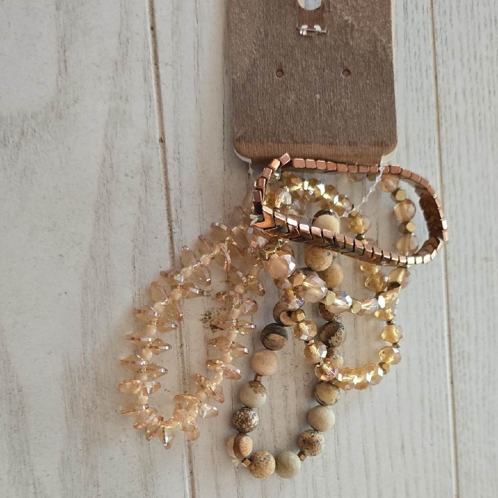 Elegant Gold and Beige Beaded Bracelet Set